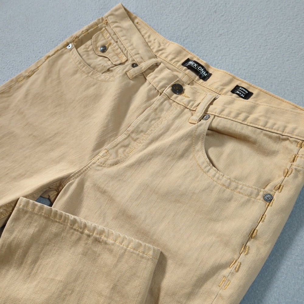 MEK DENIM EDWIN Straight Leg Tan Cotton Jeans Mens 38x34 Button Fly Flap Pockets